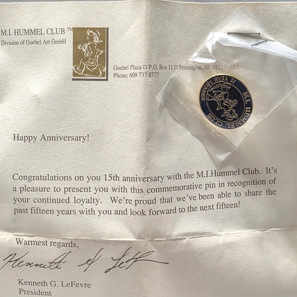 Vintage Goebel Letterhead Paper & 15 Year MI Hummel Club Member Exclusive Pin